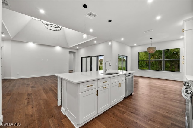 3708 Stagg Ct, Fort Myers, FL 33905 - kitchen featuring stainless steel dishwasher, open floor plan, range, white cabinets, and light countertops