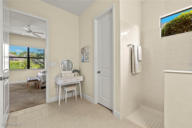 13593 Starwood Ln, Fort Myers, FL 33912 - bathroom with healthy amount of natural light, walk in shower, ceiling fan, and tile patterned floors