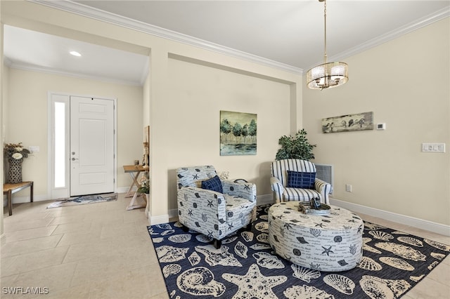 13593 Starwood Ln, Fort Myers, FL 33912 - living area featuring crown molding, tile patterned floors, and a chandelier