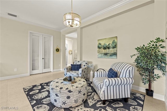 13593 Starwood Ln, Fort Myers, FL 33912 - sitting room featuring ornamental molding, a chandelier, french doors, and tile patterned floors
