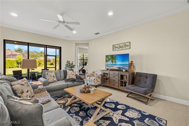 13593 Starwood Ln, Fort Myers, FL 33912 - living room with recessed lighting, a ceiling fan, light tile patterned floors, and ornamental molding