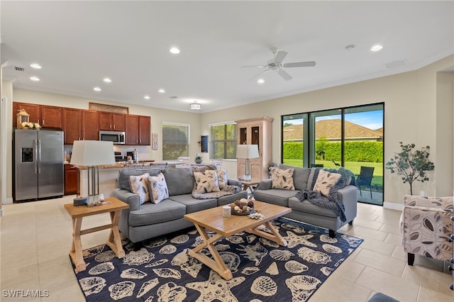 13593 Starwood Ln, Fort Myers, FL 33912 - living area with recessed lighting, healthy amount of natural light, light tile patterned flooring, ceiling fan, and ornamental molding