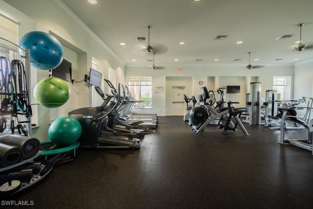 3344 Apple Blossom Dr, Alva, FL 33920 - workout area featuring ceiling fan, plenty of natural light, ornamental molding, and recessed lighting
