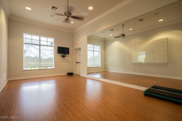 3344 Apple Blossom Dr, Alva, FL 33920 - empty room featuring ceiling fan, wood finished floors, recessed lighting, and ornamental molding