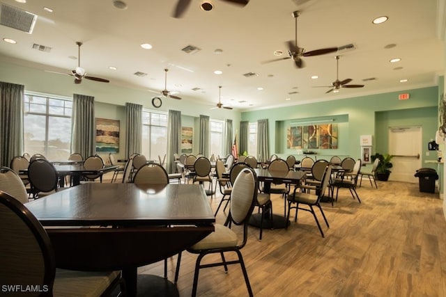 3344 Apple Blossom Dr, Alva, FL 33920 - dining area with ceiling fan, ornamental molding, light wood-style floors, and recessed lighting