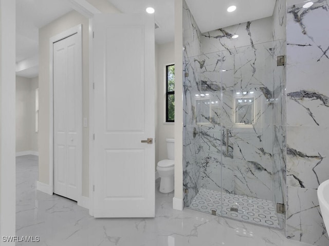 1304 Williams Ave, Lehigh Acres, FL 33972 - bathroom featuring marble tiled floors, a marble finish shower, recessed lighting, and a soaking tub