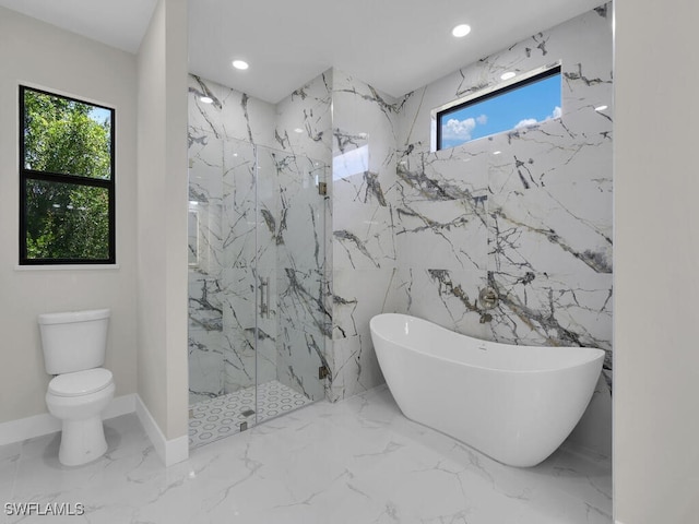 1304 Williams Ave, Lehigh Acres, FL 33972 - full bathroom with a marble finish shower, a soaking tub, marble tiled flooring, recessed lighting, and stone wall