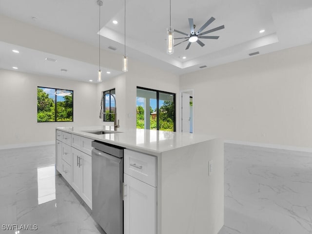 1304 Williams Ave, Lehigh Acres, FL 33972 - kitchen featuring stainless steel dishwasher, open floor plan, recessed lighting, light marble finish flooring, and plenty of natural light