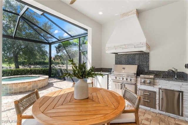 8834 Vaccaro Ct, Naples, FL 34119 - view of patio / terrace featuring an in-ground hot tub, area for grilling, glass enclosure, and outdoor dining area