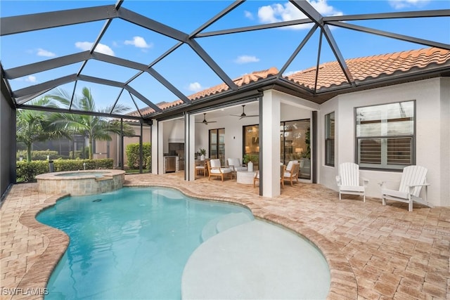 8834 Vaccaro Ct, Naples, FL 34119 - view of pool featuring a patio area, ceiling fan, an outdoor hangout area, a pool with connected hot tub, and glass enclosure