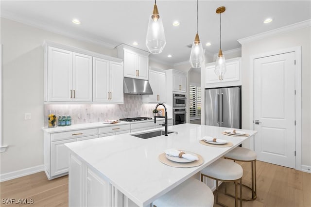 8834 Vaccaro Ct, Naples, FL 34119 - kitchen featuring stainless steel appliances, under cabinet range hood, light wood-type flooring, backsplash, and white cabinets