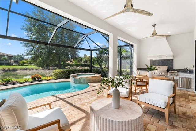 8834 Vaccaro Ct, Naples, FL 34119 - view of swimming pool with an outdoor kitchen, a patio area, glass enclosure, a pool with connected hot tub, and ceiling fan
