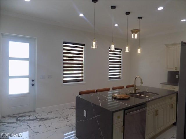 2924 Dunbar Ave, Fort Myers, FL 33916 - kitchen with stainless steel dishwasher, recessed lighting, light marble finish flooring, healthy amount of natural light, and pendant lighting