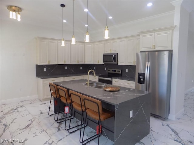 2924 Dunbar Ave, Fort Myers, FL 33916 - kitchen featuring appliances with stainless steel finishes, light marble finish flooring, backsplash, a kitchen breakfast bar, and hanging light fixtures