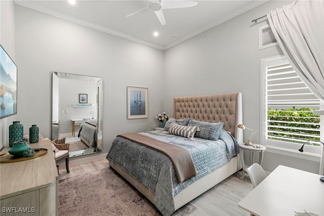 11699 Caleri Ct, Fort Myers, FL 33913 - bedroom with attic access, ornamental molding, light wood-style flooring, recessed lighting, and ceiling fan