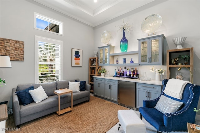 11699 Caleri Ct, Fort Myers, FL 33913 - indoor wet bar featuring fridge and ornamental molding