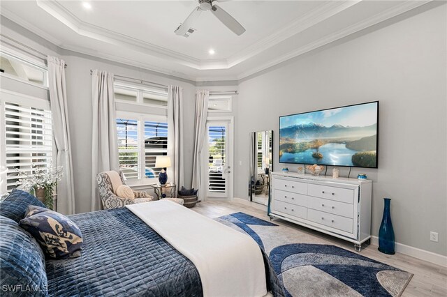 11699 Caleri Ct, Fort Myers, FL 33913 - bedroom featuring wood finished floors, access to exterior, ornamental molding, a raised ceiling, and ceiling fan