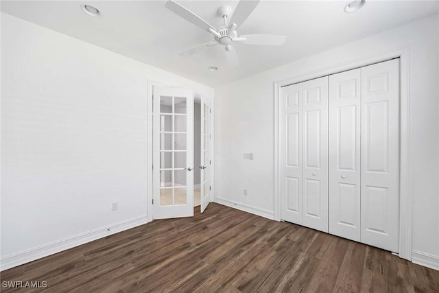 14601 Tropical Dr, Naples, FL 34114 - unfurnished bedroom featuring wood finished floors, french doors, recessed lighting, a closet, and a ceiling fan