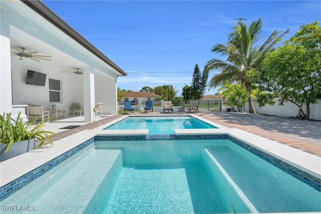 1806 41st St SW, Naples, FL 34116 - view of pool featuring ceiling fan, a pool with connected hot tub, and a patio area