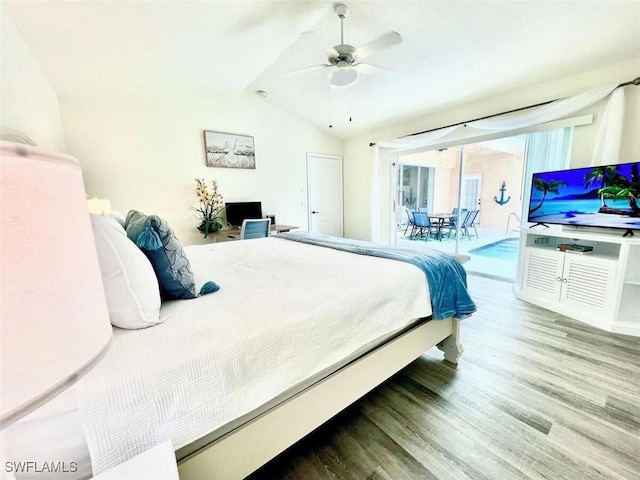 1958 Terrazzo Ln, Naples, FL 34104 - bedroom featuring access to outside, wood finished floors, vaulted ceiling, and ceiling fan