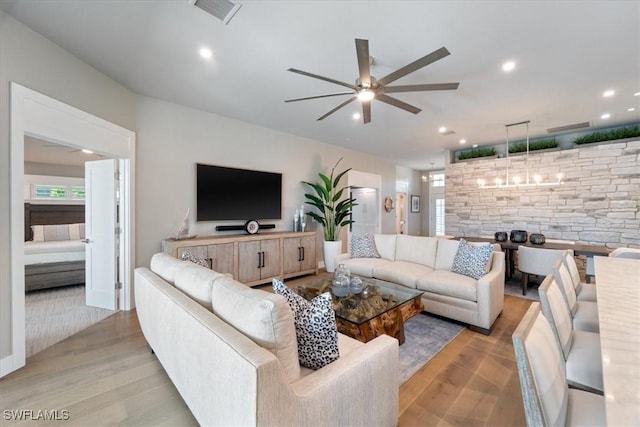 9245 Independence Way, Fort Myers, FL 33913 - living room with a ceiling fan, light wood finished floors, and recessed lighting