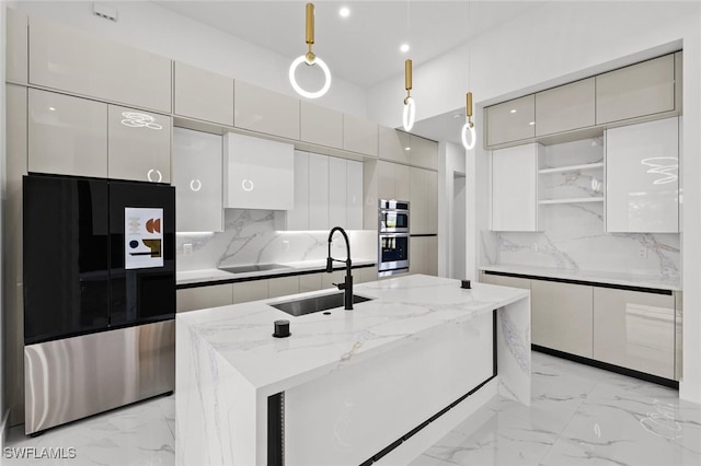 2302 SW 16th Ter, Cape Coral, FL 33991 - kitchen with refrigerator, open shelves, light marble finish flooring, modern cabinets, and stainless steel double oven