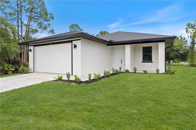 2701 53rd St W, Lehigh Acres, FL 33971 - view of front facade with a garage, driveway, stucco siding, a front lawn, and roof with shingles