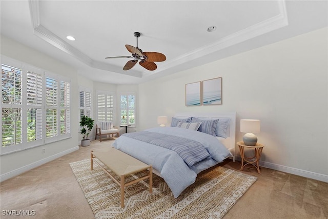 19793 Casa Verde Way, Estero, FL 33967 - bedroom featuring a raised ceiling, light carpet, ornamental molding, recessed lighting, and ceiling fan