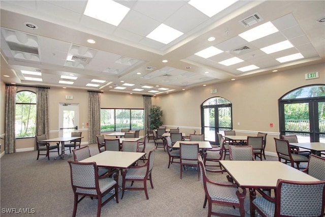 19793 Casa Verde Way, Estero, FL 33967 - dining room featuring light carpet, healthy amount of natural light, coffered ceiling, recessed lighting, and french doors