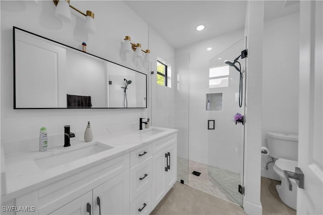 2607 4th St SW, Lehigh Acres, FL 33976 - full bathroom featuring a stall shower, double vanity, and recessed lighting