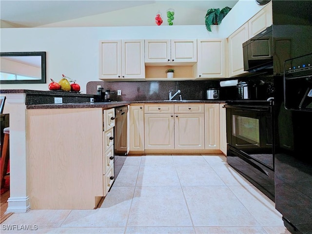 2640 4th Ave NE, Naples, FL 34120 - kitchen featuring black microwave, vaulted ceiling, open shelves, decorative backsplash, and light tile patterned floors