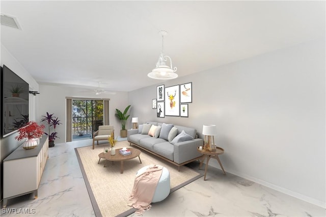 642 SE 13th Pl Unit 5, Cape Coral, FL 33990 - living area featuring light marble finish floors and a ceiling fan