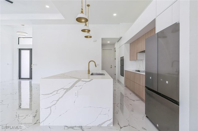 834 NW 2nd St, Cape Coral, FL 33993 - kitchen featuring modern cabinets, light marble finish flooring, black appliances, recessed lighting, and hanging light fixtures