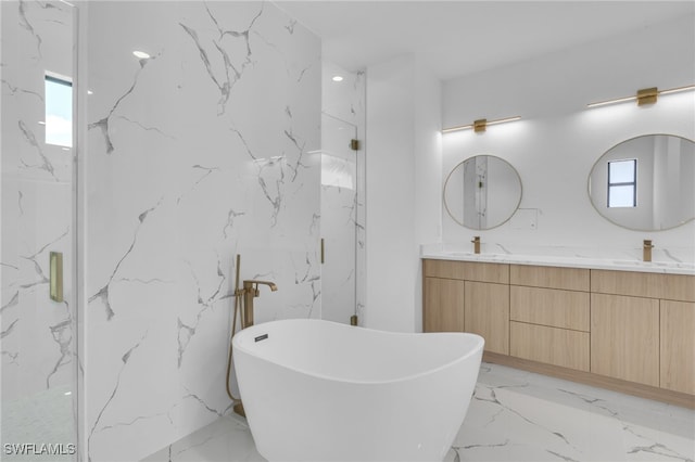 834 NW 2nd St, Cape Coral, FL 33993 - bathroom with marble tiled floors, double vanity, a soaking tub, and a marble finish shower