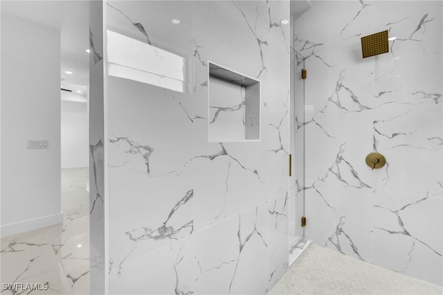 834 NW 2nd St, Cape Coral, FL 33993 - full bathroom featuring a marble finish shower, recessed lighting, and marble tiled flooring