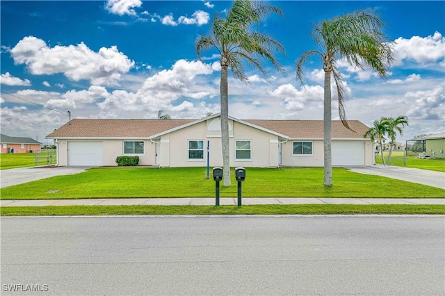 2508 Tropicana Pkwy W, Cape Coral, FL 33993 - view of front of house with concrete driveway, a garage, stucco siding, and a front lawn