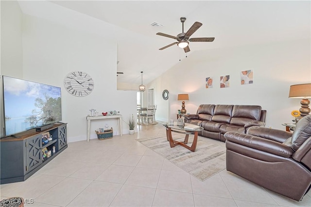 2508 Tropicana Pkwy W, Cape Coral, FL 33993 - living room featuring a ceiling fan, high vaulted ceiling, and light tile patterned floors