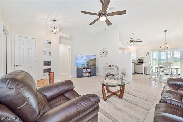 2508 Tropicana Pkwy W, Cape Coral, FL 33993 - living room featuring ceiling fan, light tile patterned floors, and high vaulted ceiling