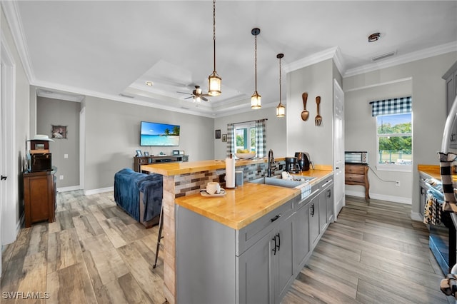 9785 Wheeler Rd, Labelle, FL 33935 - kitchen with wooden counters, gray cabinetry, a kitchen bar, light wood-type flooring, and crown molding