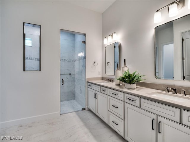6992 Chapel Creek Ln, North Fort Myers, FL 33917 - full bath with double vanity, marble finish floors, and a shower stall