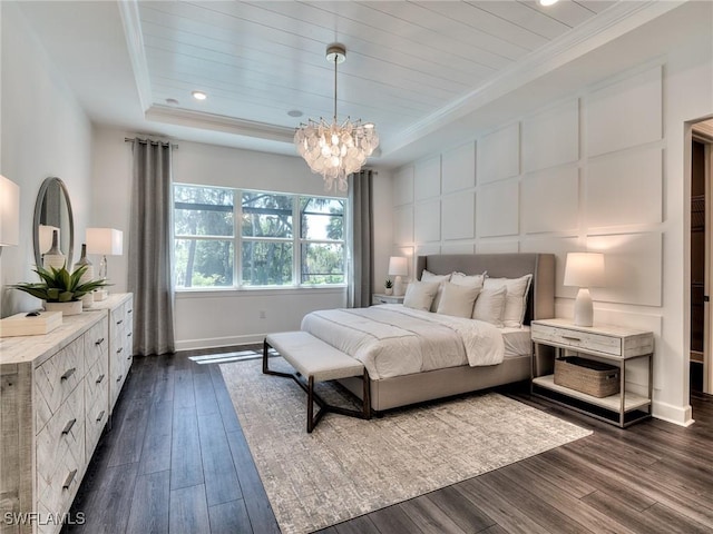 6992 Chapel Creek Ln, North Fort Myers, FL 33917 - bedroom with dark wood-style floors, crown molding, a chandelier, a tray ceiling, and recessed lighting