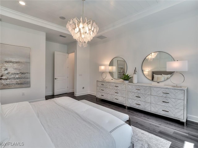 6992 Chapel Creek Ln, North Fort Myers, FL 33917 - bedroom with dark wood-style floors, crown molding, a chandelier, and recessed lighting