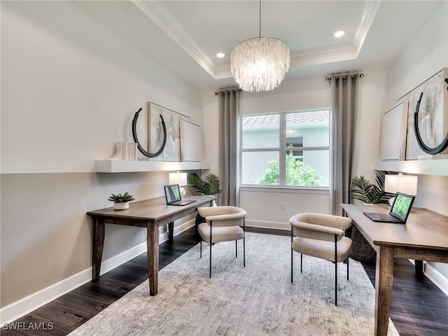 6992 Chapel Creek Ln, North Fort Myers, FL 33917 - office area featuring ornamental molding, a tray ceiling, wood finished floors, a chandelier, and recessed lighting