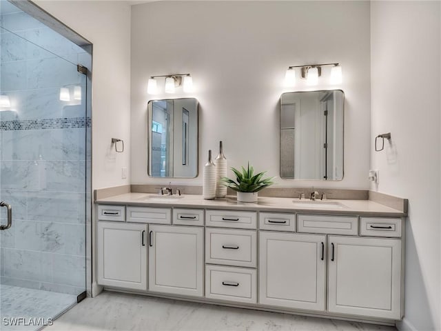 6992 Chapel Creek Ln, North Fort Myers, FL 33917 - bathroom with a stall shower, double vanity, and marble look tiles