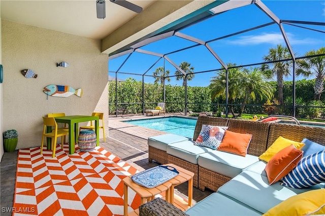 19545 Utopia Ln, Estero, FL 33928 - view of patio featuring an outdoor hangout area, an outdoor pool, ceiling fan, and a lanai