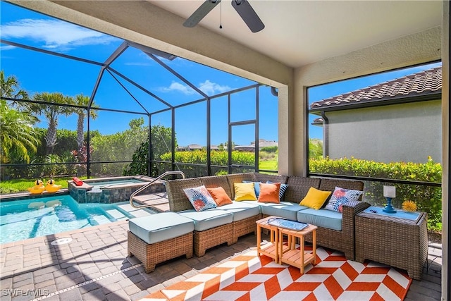 19545 Utopia Ln, Estero, FL 33928 - view of patio with a ceiling fan, a pool with connected hot tub, an outdoor hangout area, and a lanai
