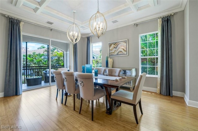 9053 Cascada Way Unit 202, Naples, FL 34114 - dining space with coffered ceiling, a chandelier, ornamental molding, plenty of natural light, and light wood-style flooring