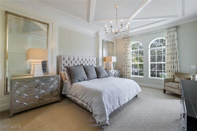9053 Cascada Way Unit 202, Naples, FL 34114 - carpeted bedroom featuring a chandelier, beamed ceiling, crown molding, and coffered ceiling