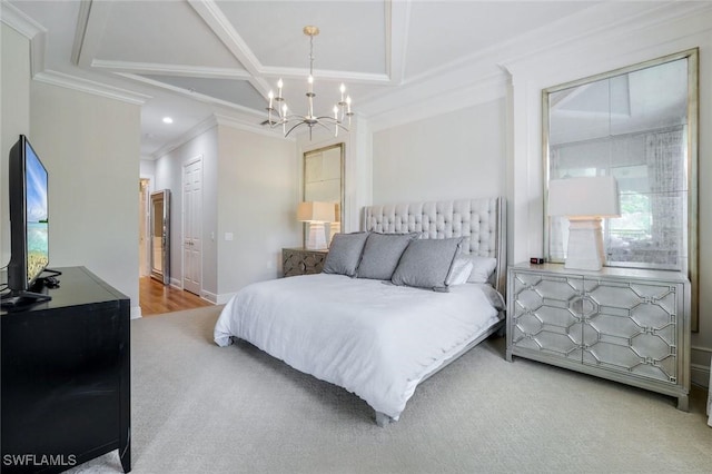 9053 Cascada Way Unit 202, Naples, FL 34114 - bedroom with crown molding, coffered ceiling, a chandelier, beamed ceiling, and recessed lighting