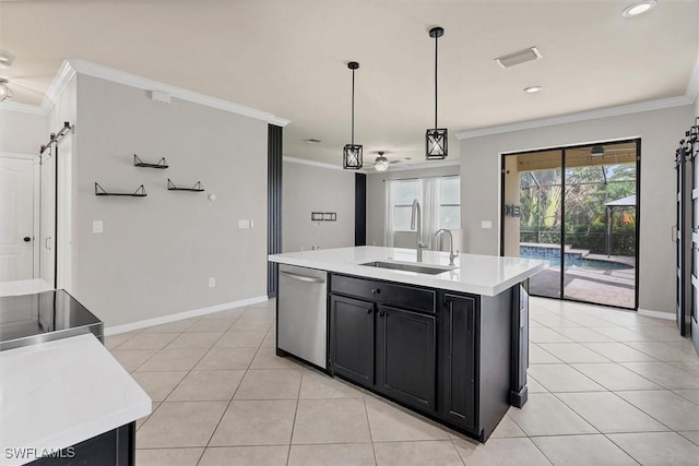 2738 Via Piazza Loop, Fort Myers, FL 33905 - kitchen featuring dishwasher, dark cabinetry, ornamental molding, a ceiling fan, and light tile patterned flooring